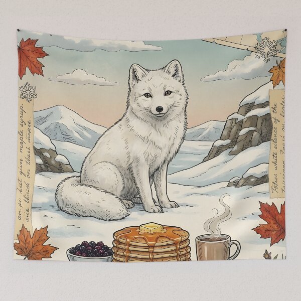 Item preview, Arctic fox in the snow with pancakes and coffee designed and sold by CoffeeinBloom.