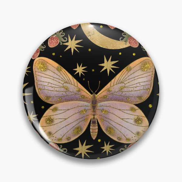 Item preview, Sa golden butterfly against a background of a golden moon, stars and strawberries designed and sold by Grin Katalina Floral Patterns & Cozy Art.