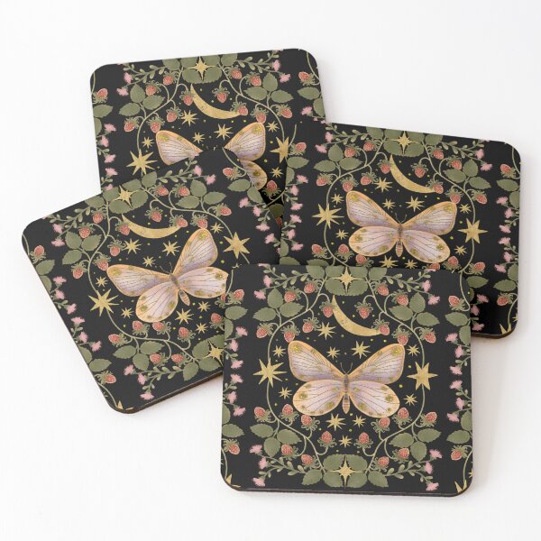 Item preview, Sa golden butterfly against a background of a golden moon, stars and strawberries designed and sold by Grin Katalina Floral Patterns & Cozy Art.
