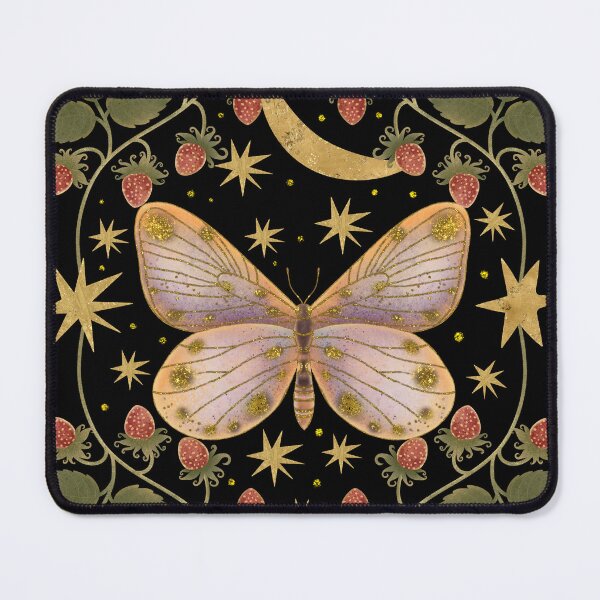 Item preview, Sa golden butterfly against a background of a golden moon, stars and strawberries designed and sold by Grin Katalina Floral Patterns & Cozy Art.