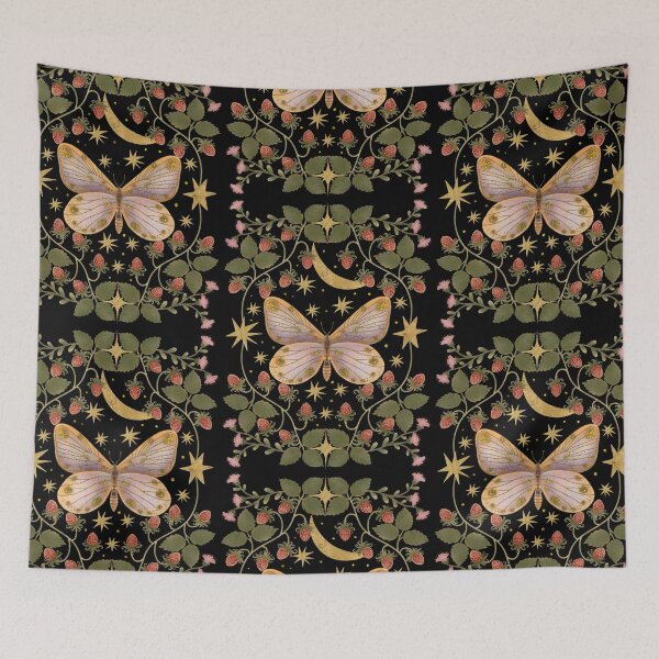 Item preview, Sa golden butterfly against a background of a golden moon, stars and strawberries designed and sold by Grin Katalina Floral Patterns & Cozy Art.