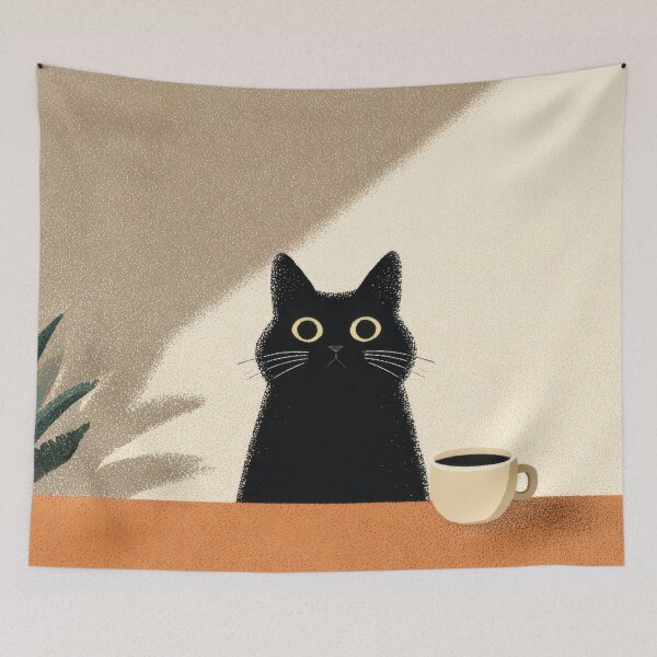 Item preview, Black cat sits by a coffee cup designed and sold by anytka.
