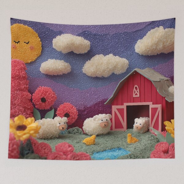 Item preview, Whimsical Pink Barn With Sheep at Sunset designed and sold by DreamyPixelsArt.