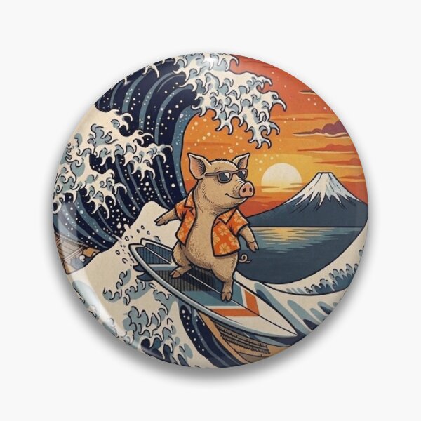Item preview, Funny Pig Surfer Kanagawa Wave Japanese Sunset Vintage Boys Girls Kids designed and sold by FurryHavenPH.