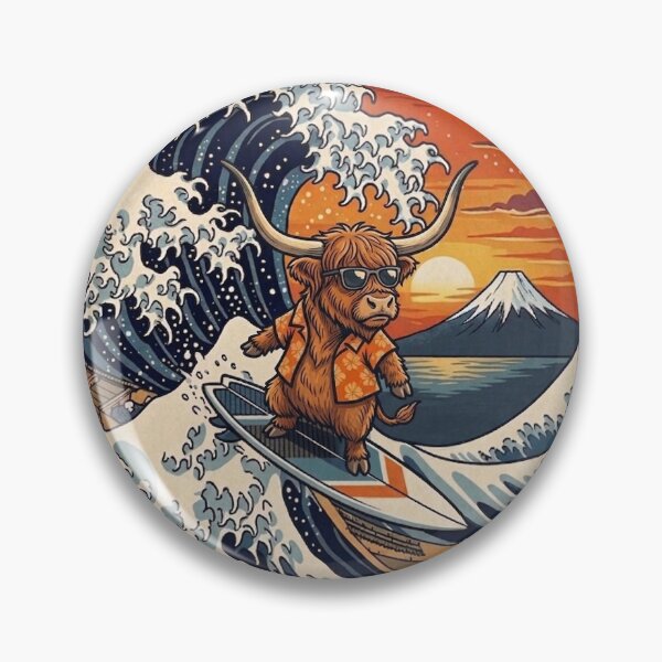 Item preview, Funny Scottish Highland Cow Surfer Kanagawa Wave Japanese Sunset Vintage Boys Girls Kids designed and sold by FurryHavenPH.