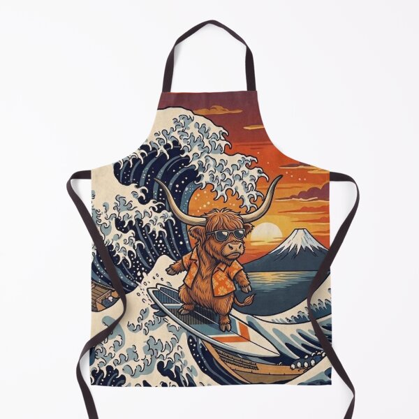 Item preview, Funny Scottish Highland Cow Surfer Kanagawa Wave Japanese Sunset Vintage Boys Girls Kids designed and sold by FurryHavenPH.