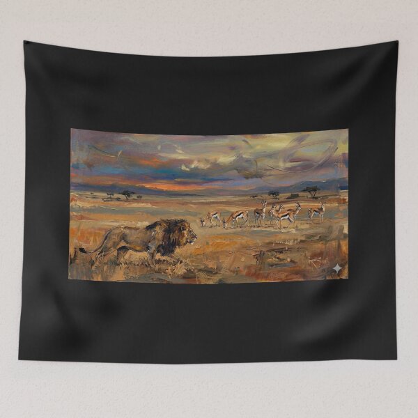 Item preview, Lion Stalking Herd at Sunset African Savannah Wildlife Art designed and sold by Meteor Destroyer.