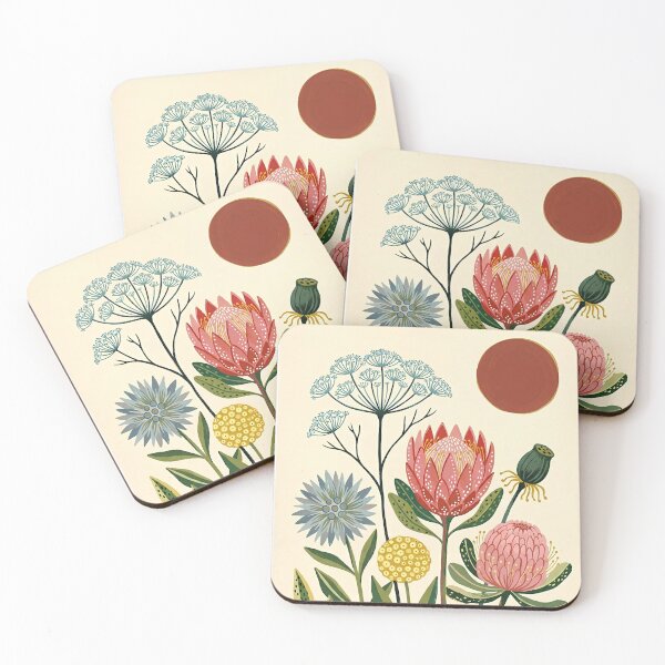 Item preview, Protea Botanical Garden - Modern Folk Art Floral with Red Sun designed and sold by ArtisanBloom.