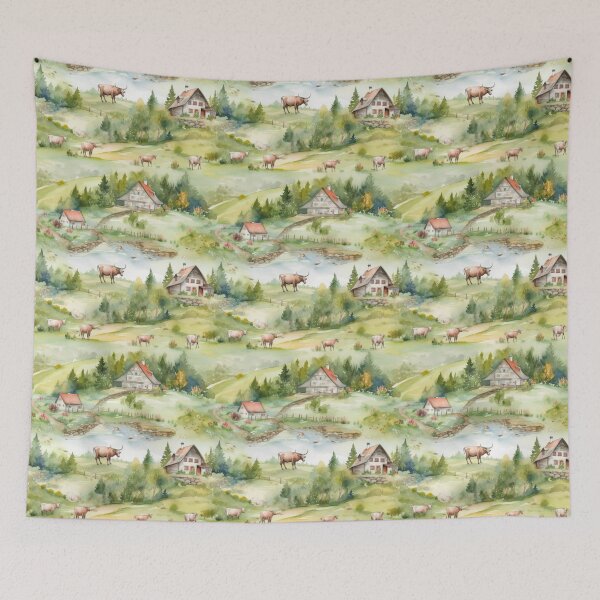 Item preview, Bucolic Alpine Village Watercolor Pattern designed and sold by pinkal.