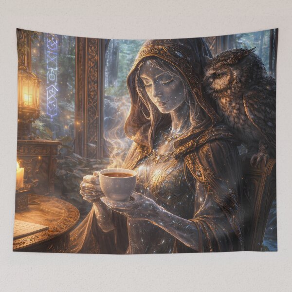 Item preview, Mystic Sorceress Owl Tea Fantasy Artwork designed and sold by KnitOfShadoF.