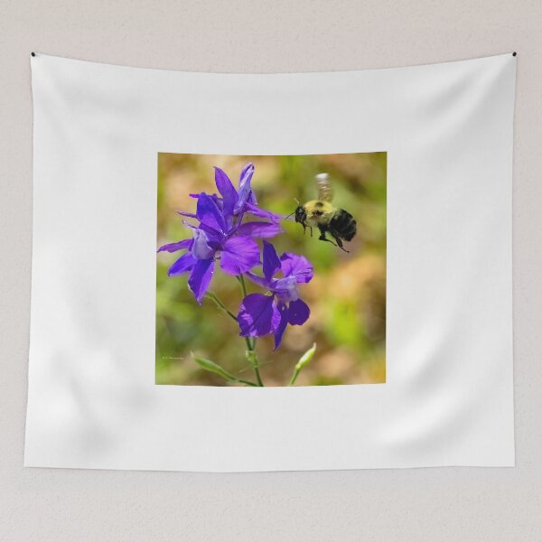 Item preview, Bumblebee Hovers over Larkspur Flowers designed and sold by AMacGPhilly.