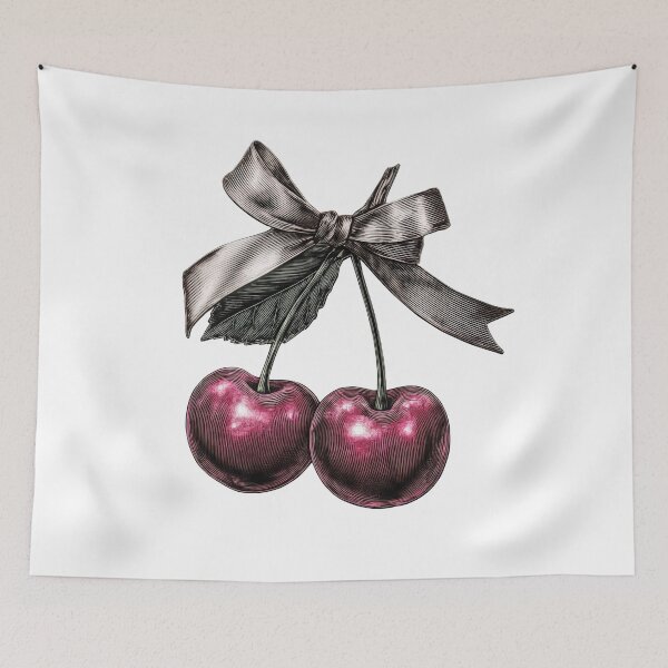 Item preview, Glossy Cherries with Ribbon – Dark Aesthetic Fruit Illustration designed and sold by olenapetol.