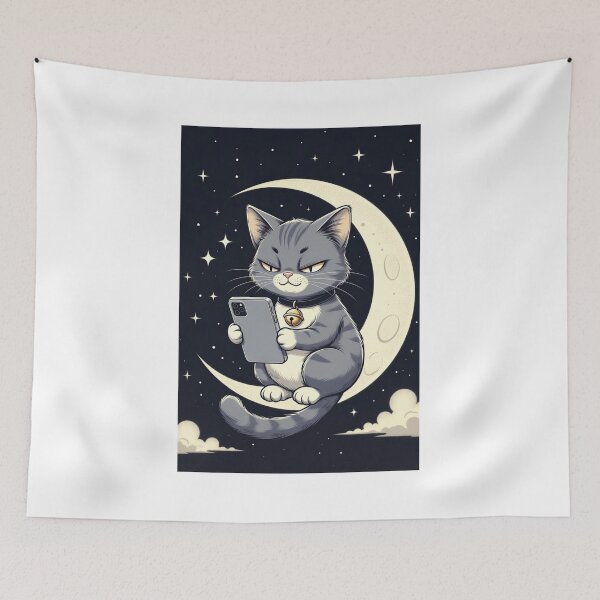 Item preview, Grumpy Cat Scrolling On Phone At Night designed and sold by ThreadVibeUK.