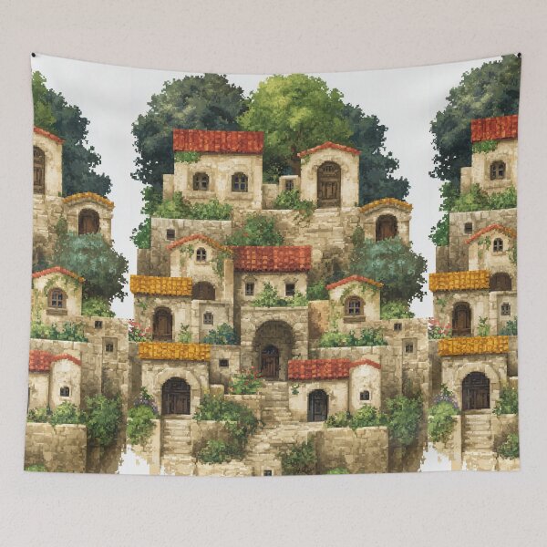 Item preview, Layered Cliffside Village Buildings Pixel Art designed and sold by Piotrek0001.