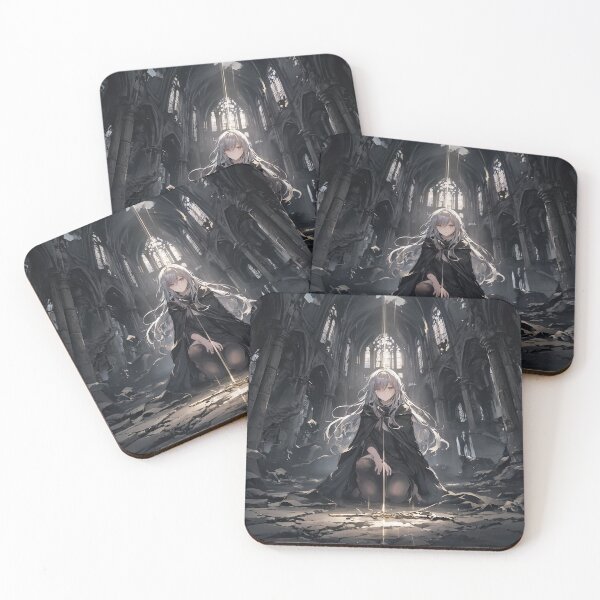 Item preview, Divine Remnant: Kneeling White-Haired Anime Girl Guardian of the Holy Blade in Gothic Cathedral Ruins designed and sold by MouradStudio.