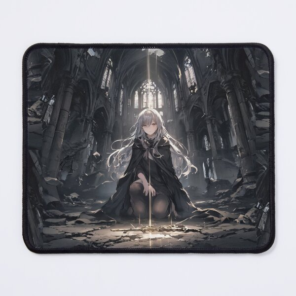 Item preview, Divine Remnant: Kneeling White-Haired Anime Girl Guardian of the Holy Blade in Gothic Cathedral Ruins designed and sold by MouradStudio.