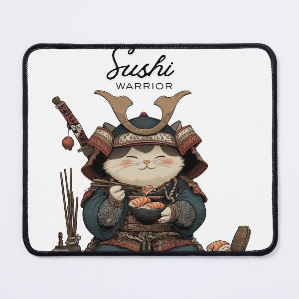 Item preview, Cute Samurai Cat Eating Sushi – Kawaii Japanese Food Art designed and sold by De Aqui y de Alla Studio.