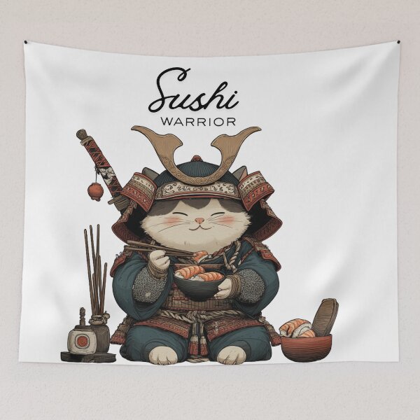 Item preview, Cute Samurai Cat Eating Sushi – Kawaii Japanese Food Art designed and sold by De Aqui y de Alla Studio.