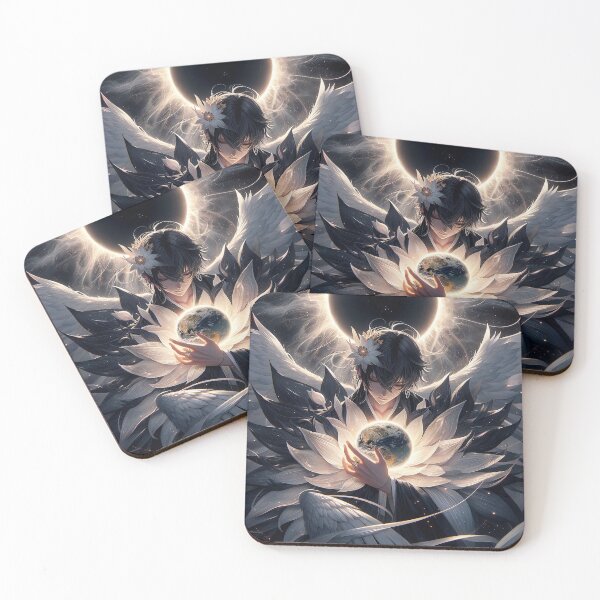 Item preview, Celestial Guardian of Terra: Ethereal Anime Angel Cradling Earth within a Radiant Lotus during Total Eclipse designed and sold by MouradStudio.