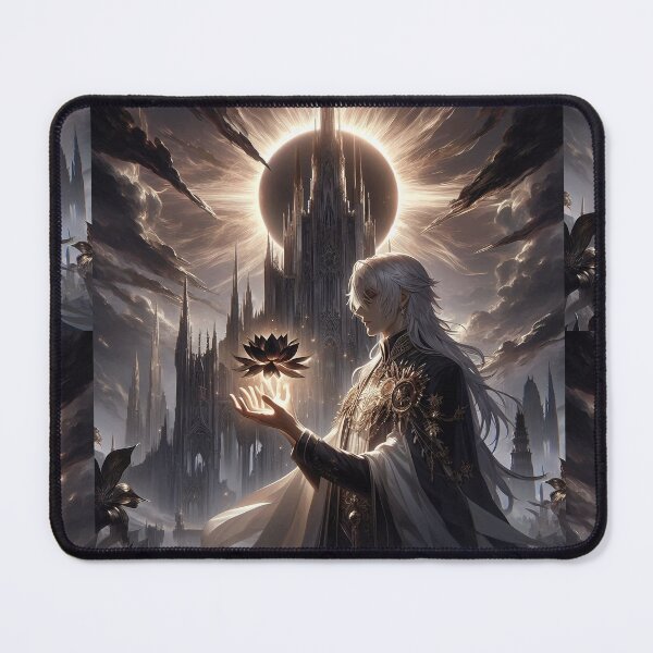 Item preview, Sovereign of the Eclipsed Sun: White-Haired Anime Lord Holding a Dark Lotus Before a Gothic Citadel designed and sold by MouradStudio.