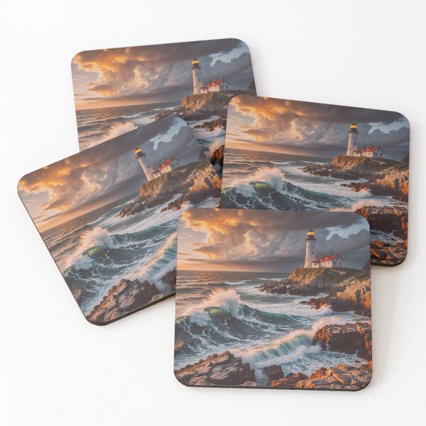 Item preview, Lighthouse on Rocky Coast at Sunset – Dramatic Ocean Wave Art designed and sold by BeautifulVirtues.