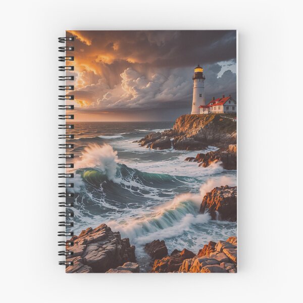 Item preview, Lighthouse on Rocky Coast at Sunset – Dramatic Ocean Wave Art designed and sold by BeautifulVirtues.