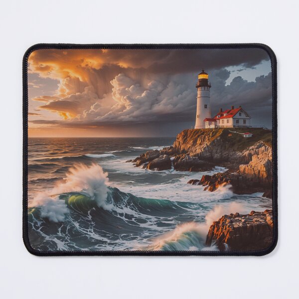 Item preview, Lighthouse on Rocky Coast at Sunset – Dramatic Ocean Wave Art designed and sold by BeautifulVirtues.