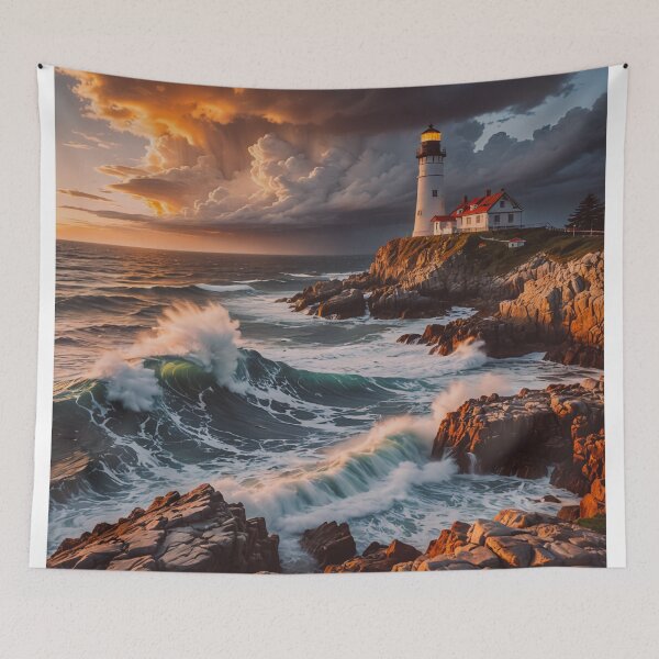 Item preview, Lighthouse on Rocky Coast at Sunset – Dramatic Ocean Wave Art designed and sold by BeautifulVirtues.