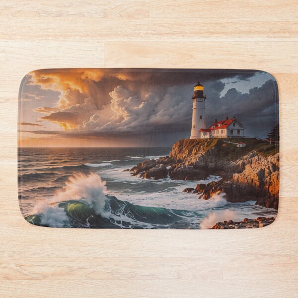 Item preview, Lighthouse on Rocky Coast at Sunset – Dramatic Ocean Wave Art designed and sold by BeautifulVirtues.