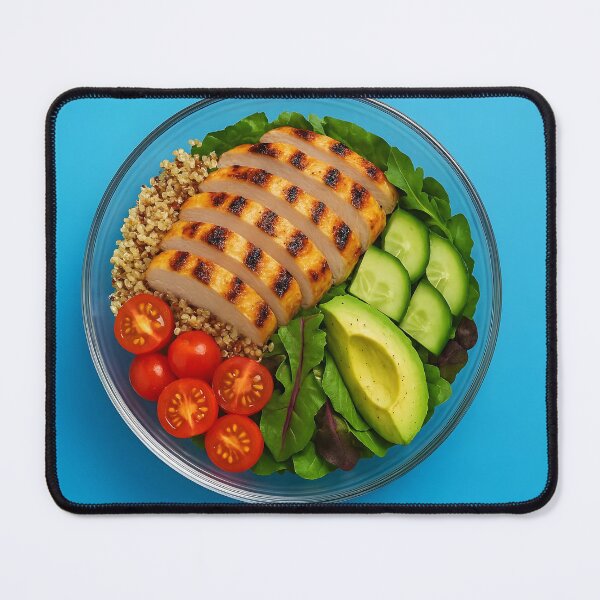 Item preview, Grilled Chicken Quinoa Salad in Clear Bowl on Blue Background – Healthy Meal	 designed and sold by EmeraldeaArt.