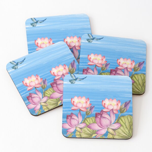 Item preview, Serene Pink Lotus with Flying Blue Bird designed and sold by sisterthreein.