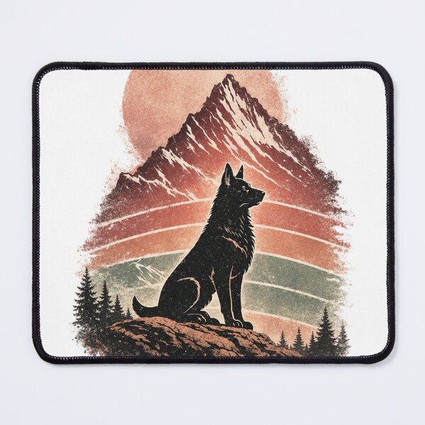 Item preview, German Shepherd Mountain Sunset Retro Linocut Dog T-Shirt designed and sold by ZEBBEDE - Minimal Streetwear .