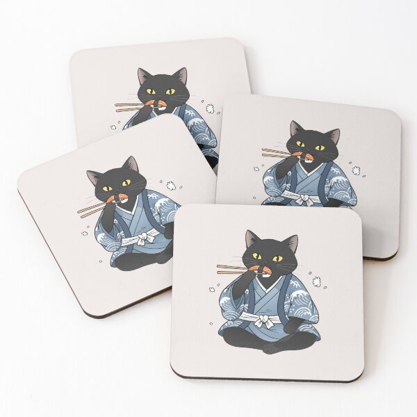 Item preview, Kawaii Black Cat in Kimono Eating Sushi Chopsticks designed and sold by Cipher & Soul.
