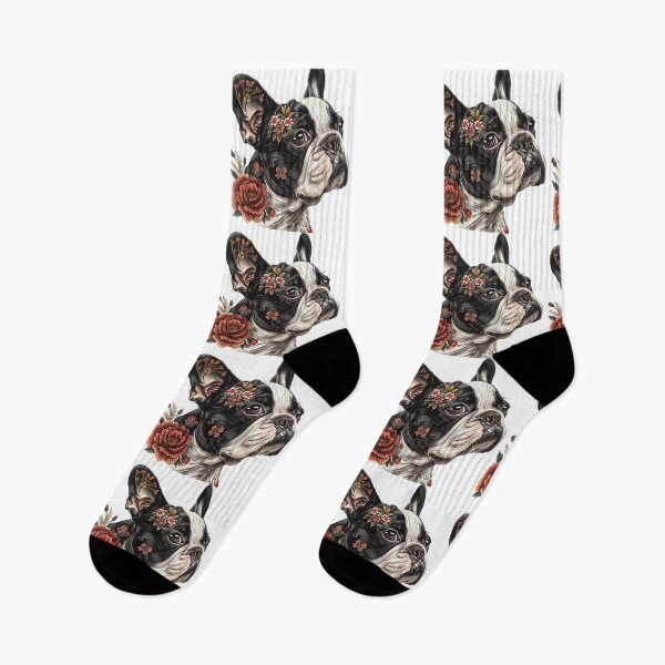 Item preview, Neo-traditional Boston Terrier with flowers designed and sold by MendaciousMina.