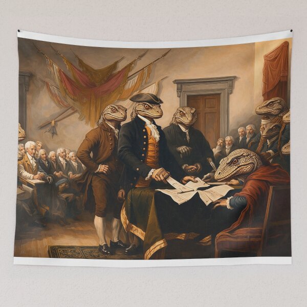 Item preview, Signing of the Declaration Parody – Lizard People Founding Fathers – Funny American History Art Print designed and sold by DiamondSkyShirt.