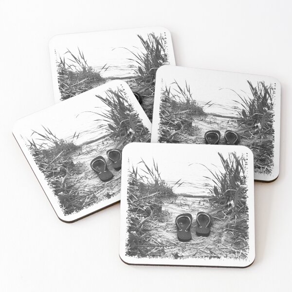 Item preview, Lonely Flip Flops on Sandy Path Black and White Coastal Beach Photography designed and sold by inkoutninja.