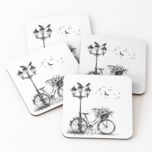 Item preview, Vintage Bicycle with Flower Basket Black and White Parisian Street Illustration designed and sold by inkoutninja.