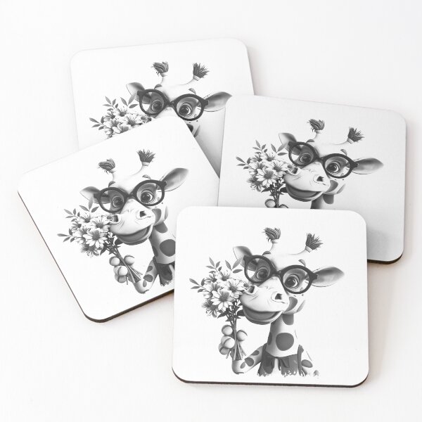 Item preview, Cute Giraffe with Glasses and Flowers Black and White Whimsical Animal Illustration designed and sold by inkoutninja.