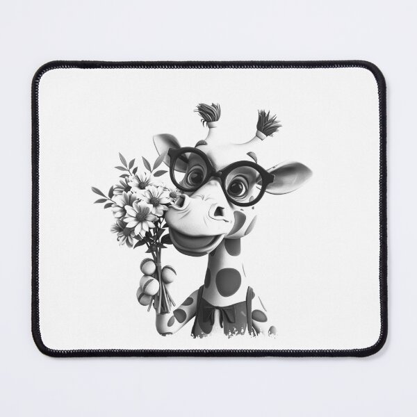 Item preview, Cute Giraffe with Glasses and Flowers Black and White Whimsical Animal Illustration designed and sold by inkoutninja.