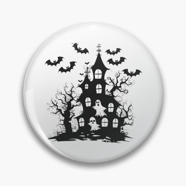 Item preview, Haunted House with Ghosts and Bats Black and White Spooky Halloween Illustration designed and sold by inkoutninja.