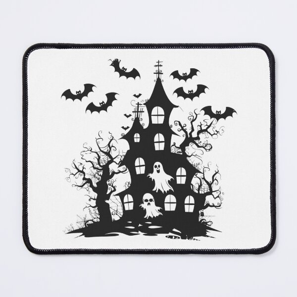 Item preview, Haunted House with Ghosts and Bats Black and White Spooky Halloween Illustration designed and sold by inkoutninja.