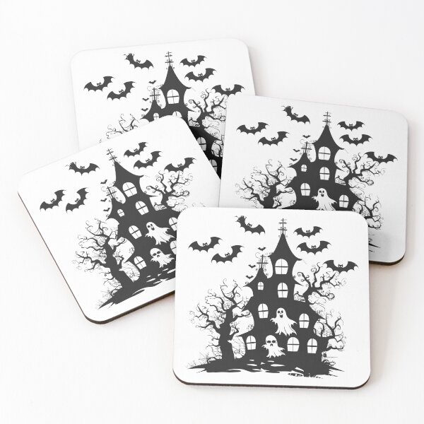Item preview, Haunted House with Ghosts and Bats Black and White Spooky Halloween Illustration designed and sold by inkoutninja.