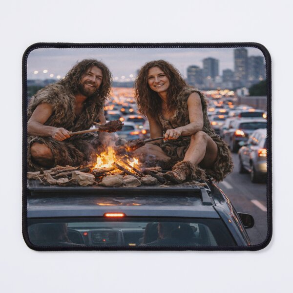 Item preview, Cavemen Cooking on Car in Traffic designed and sold by SkirtOnTheMoon.