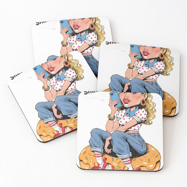 Item preview, A cartoon woman sitting on a donut while texting on her phone on transparent background designed and sold by Creative88Art.