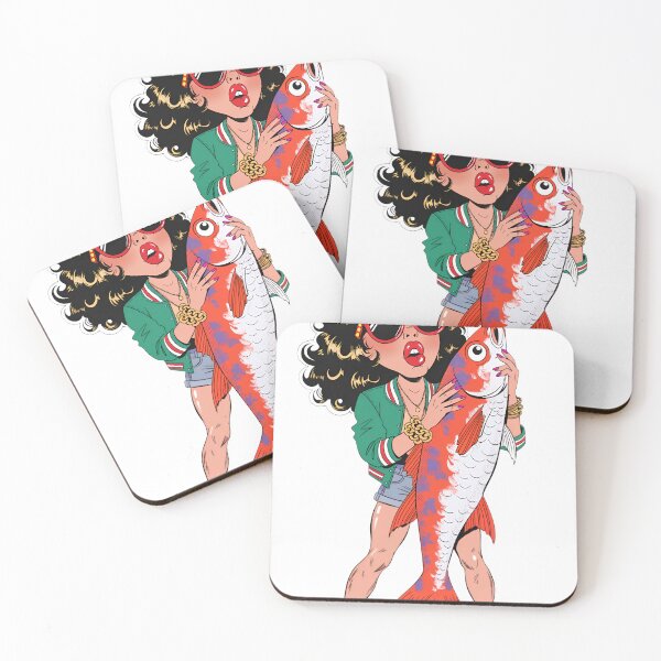 Item preview, A cartoon woman holding a large fish on transparent background designed and sold by Creative88Art.