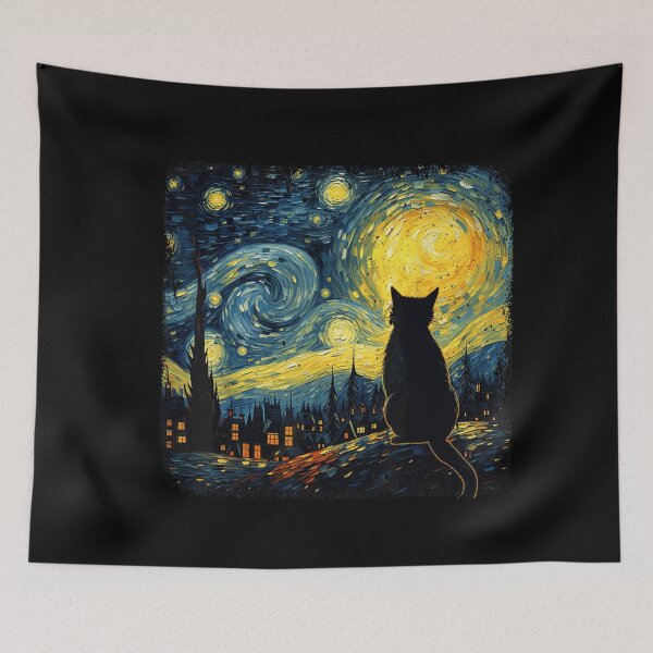 Item preview, Black Cat Watching Golden Moon in a Starry Dreamscape Night designed and sold by IsoldeCeleste.