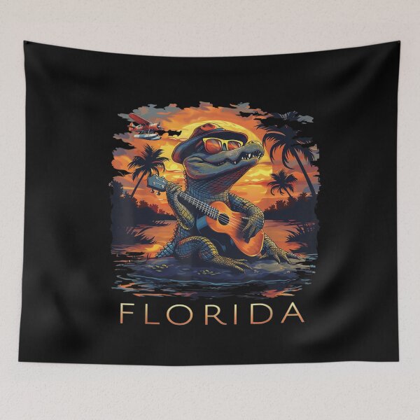 Item preview, Florida Gator Playing Guitar at Sunset Tropical Swamp Scene designed and sold by AmalnoRoyil.