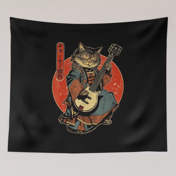 Item preview, Samurai Cat Playing Guitar Japanese Art Style designed and sold by titanlevi.