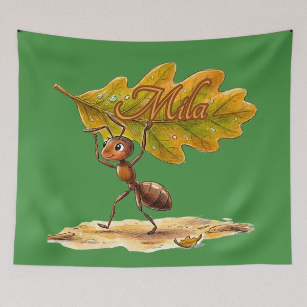 Item preview, Cute Ant Carrying Oak Leaf – Personalized Name Mila Watercolor Art designed and sold by MBBialyPiksel.