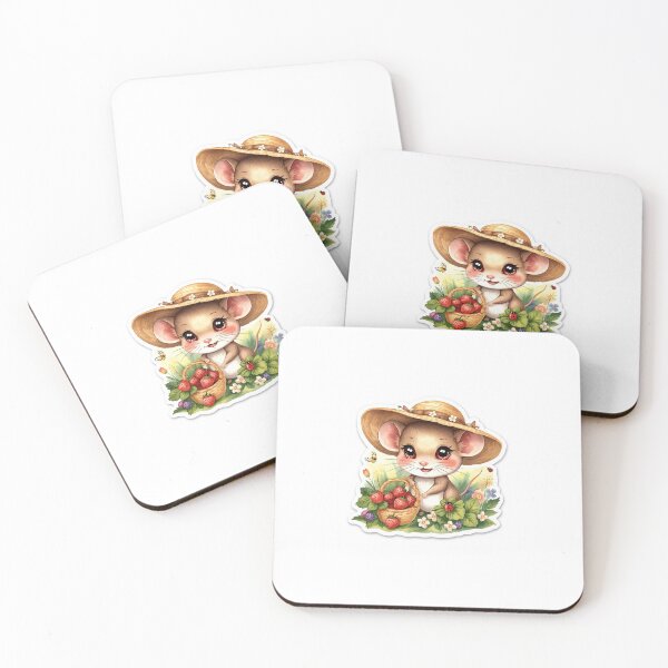 Item preview, Cute Mouse in Sunhat Picking Strawberries Summer Sticker designed and sold by FernwoodPrints.